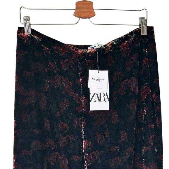 NWT Zara L The Charlotte black wide leg velvet floral trouser pants  Black Red - Picture 5 of 13